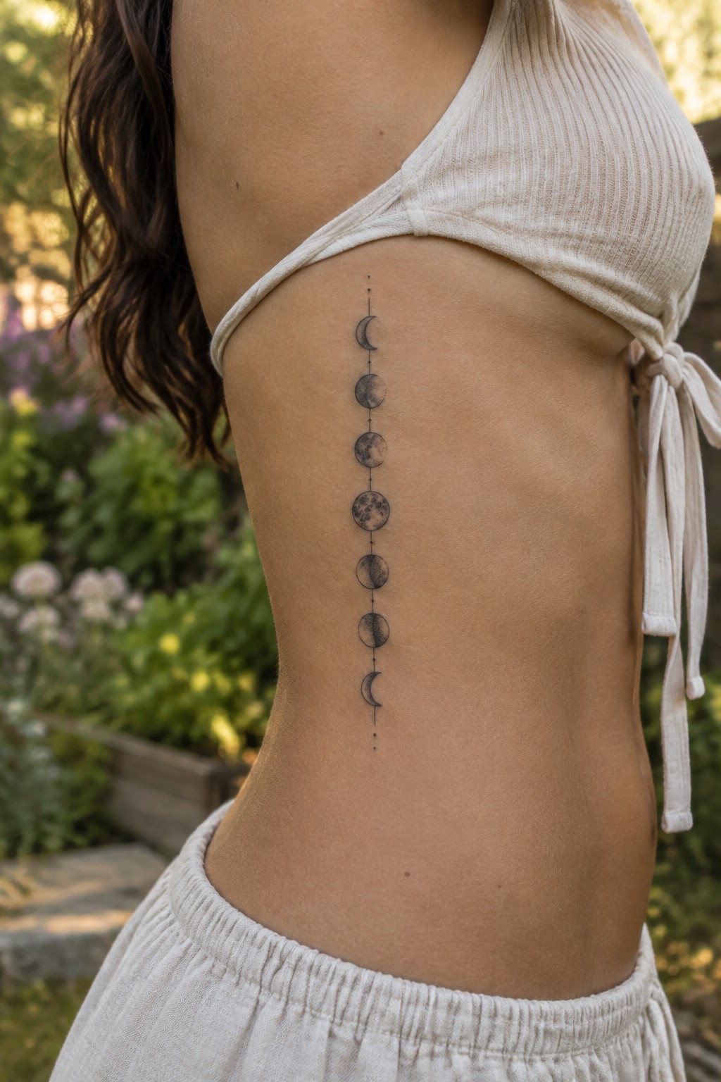Vertical fine line moon phases tattoo on a woman's ribcage