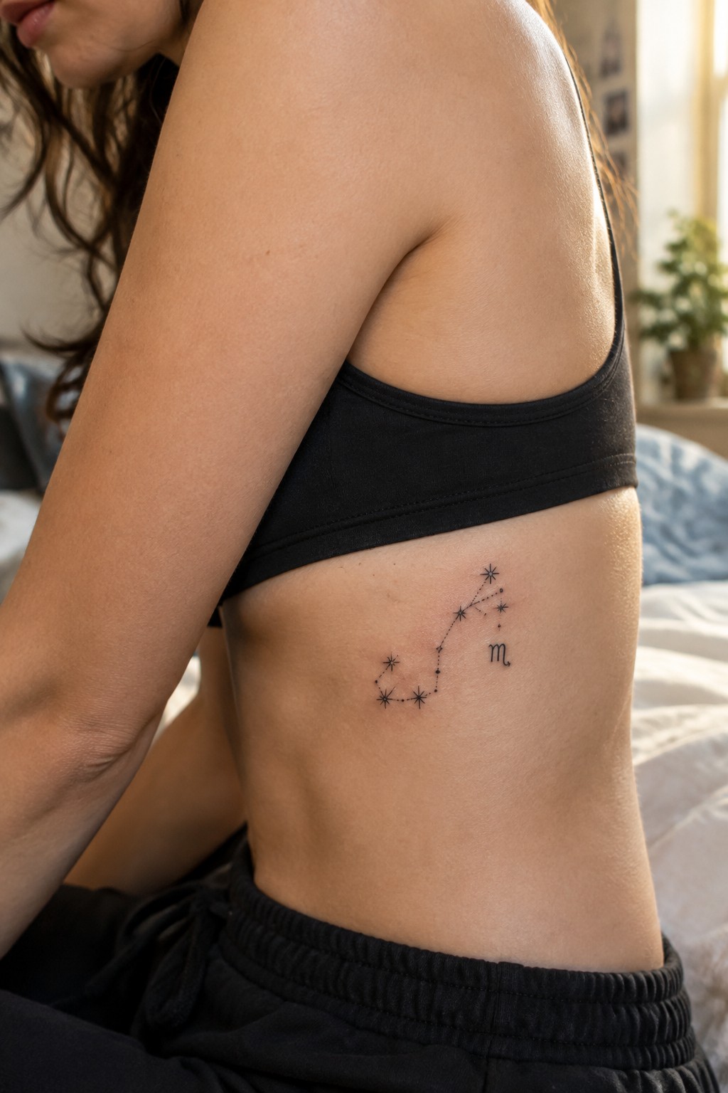 Woman's side with Scorpio constellation tattoo under black crop top in bedroom