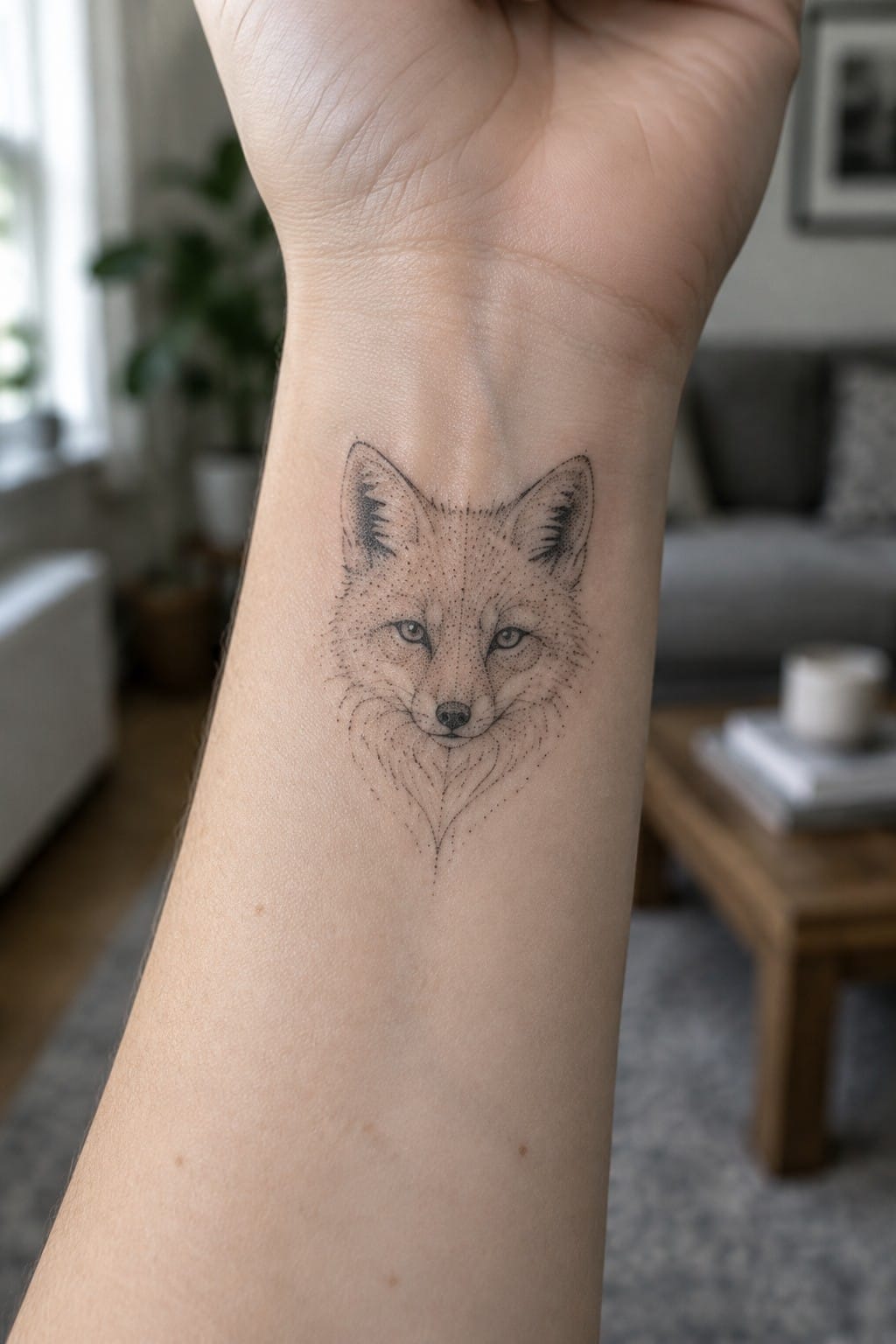 Intricate black dotwork fox tattoo on inner wrist of clenched fist
