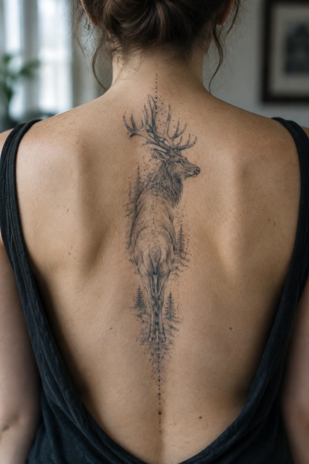 Dotwork tattoo of a stag placed vertically along a woman's spine with trees and a dotted line extending downward.