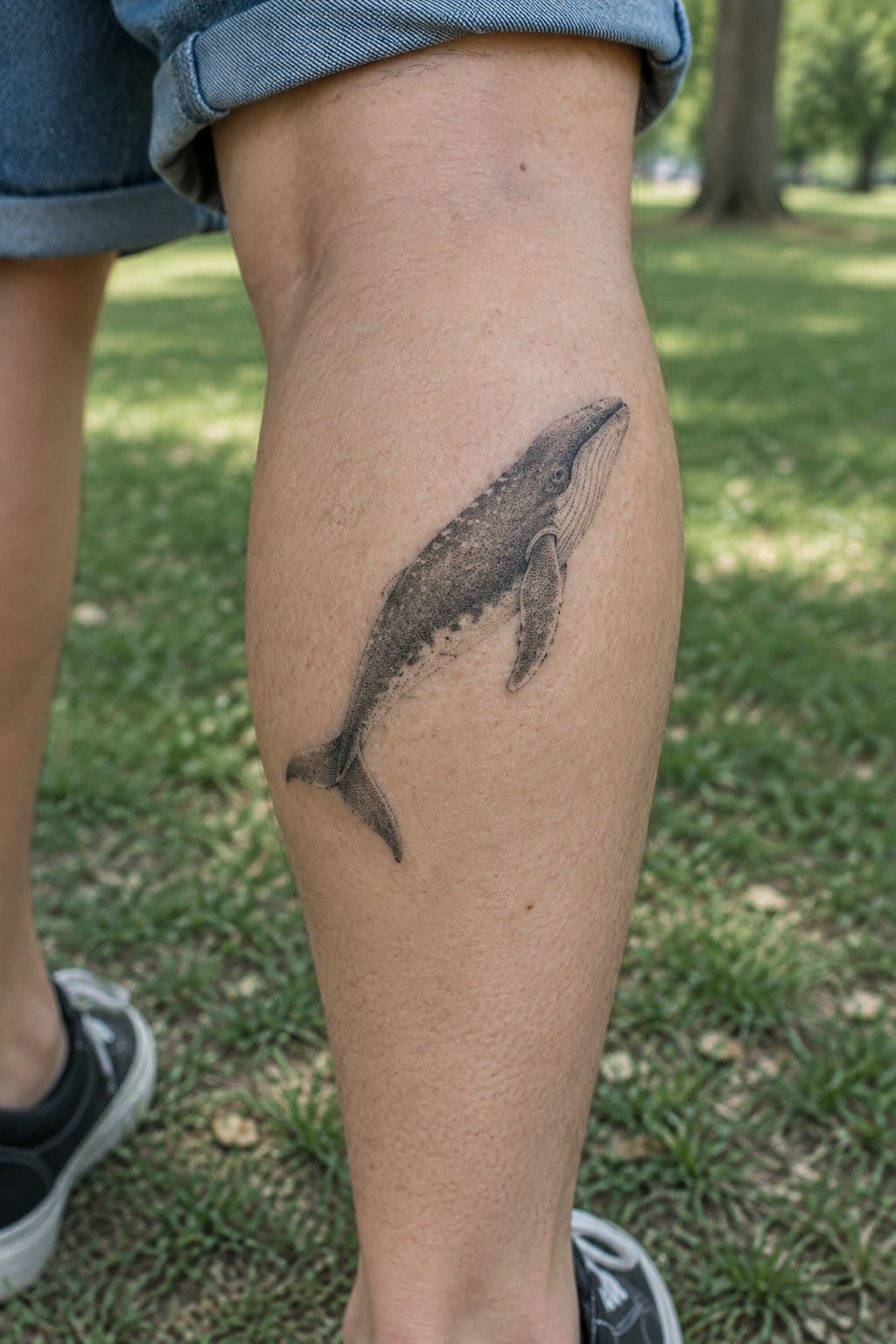 Whale tattoo on leg with rolled denim shorts and black sneakers on grass