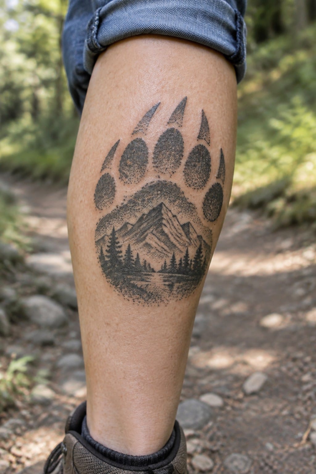 Bear paw tattoo with mountain scene on leg in rolled jeans and boot