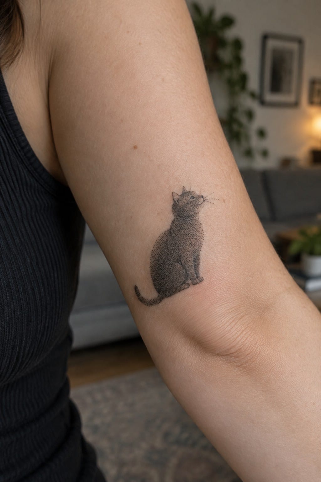 Dotwork tattoo of a sitting cat on the upper arm using stippled shading