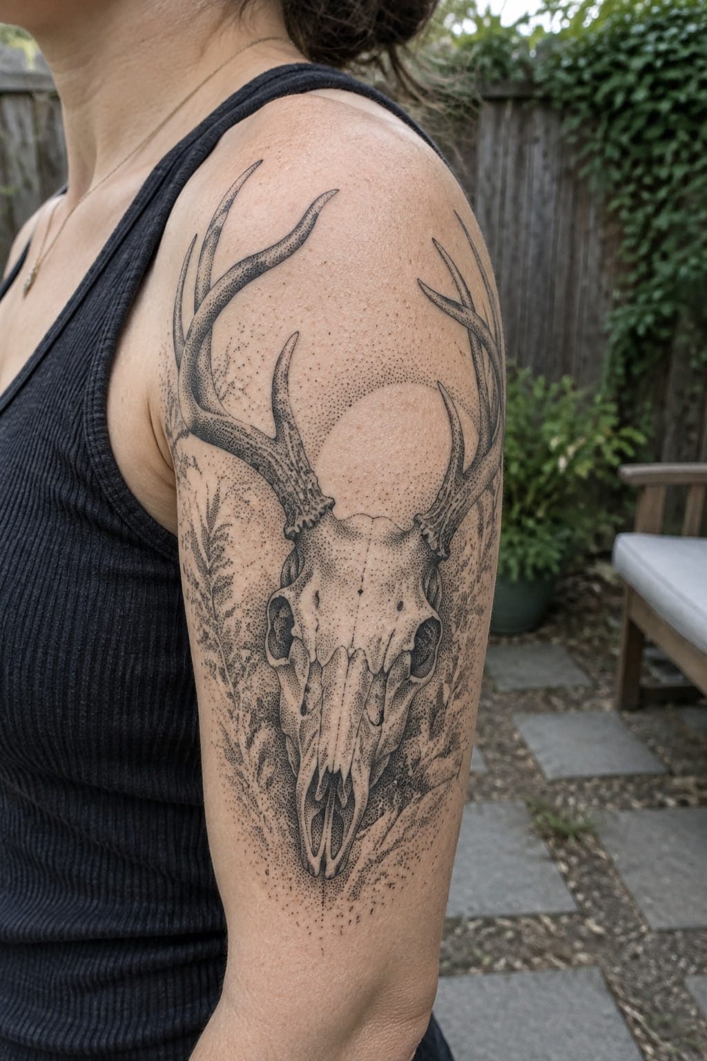 Person in black tank top shows deer skull with antlers tattoo on shoulder outdoors