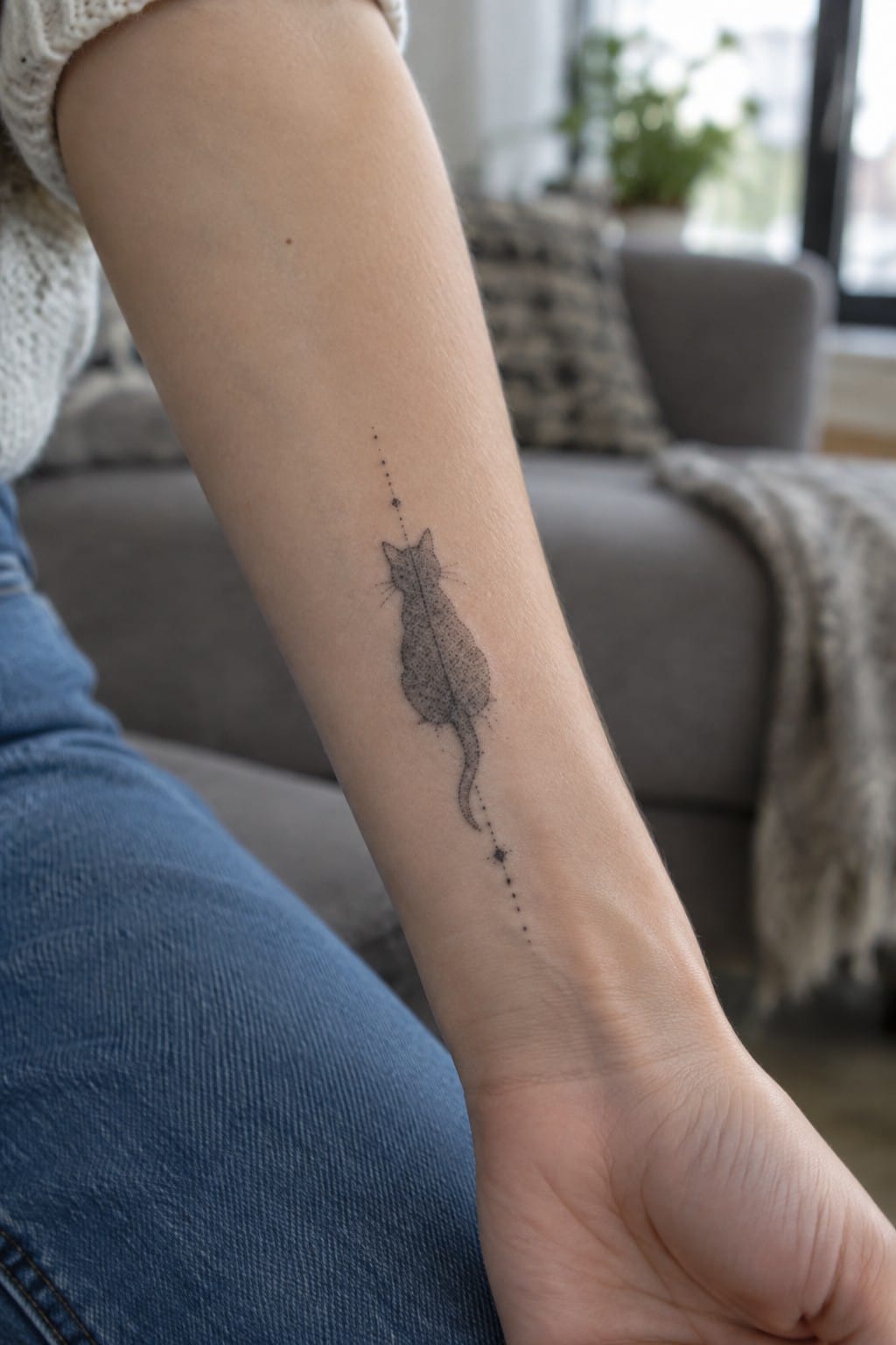 Dotted cat tattoo on forearm with blue jeans and white knit sweater