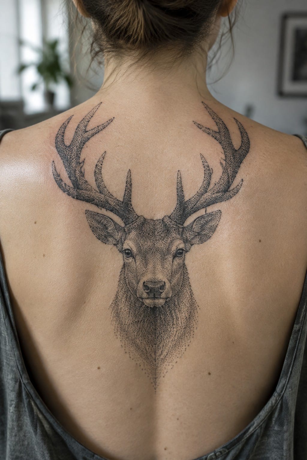 Black dotwork deer head tattoo with antlers on woman's upper back