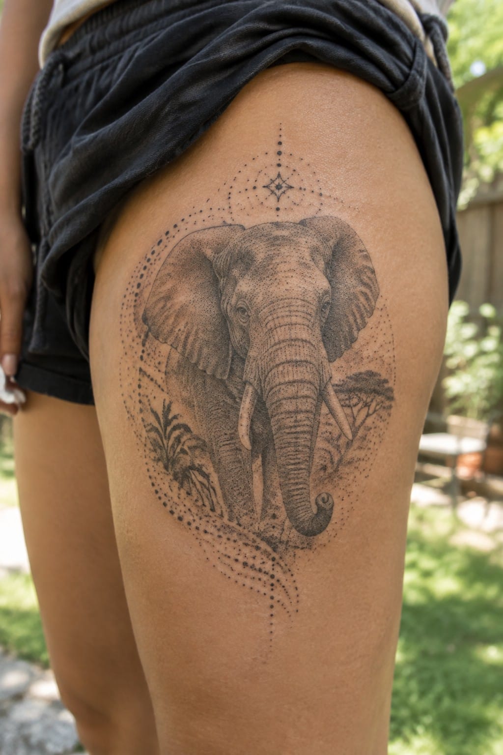 Detailed black elephant tattoo on thigh with dots and star, black shorts visible.