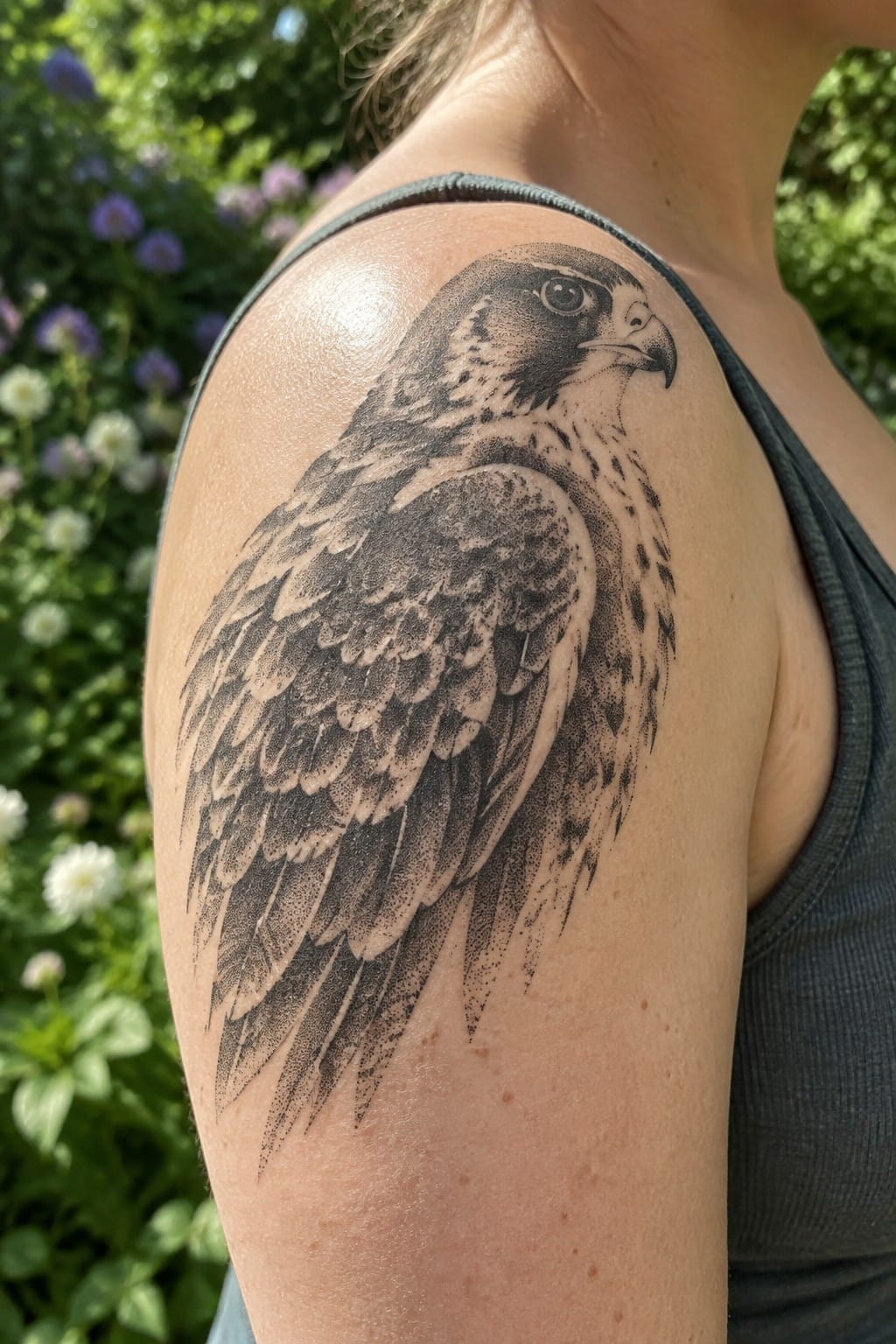 Black and gray dotwork tattoo of a falcon on a woman's upper arm and shoulder with stippled feather shading