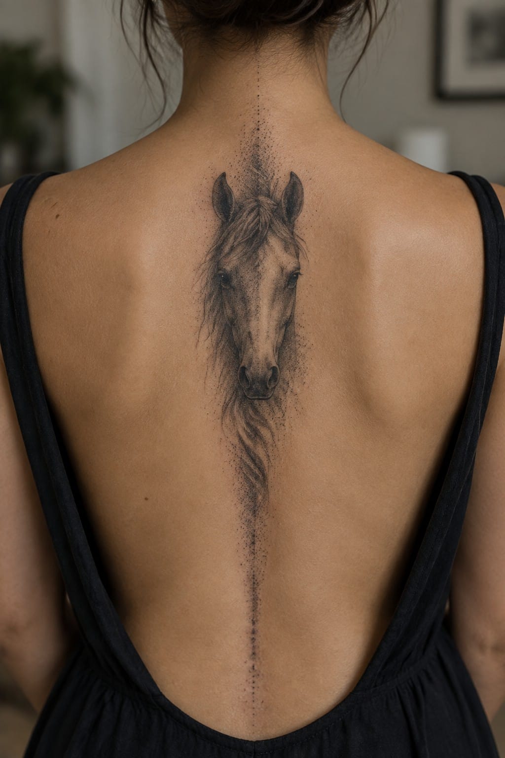 Woman's back in black open-back top with realistic horse head tattoo and dotted spine line.