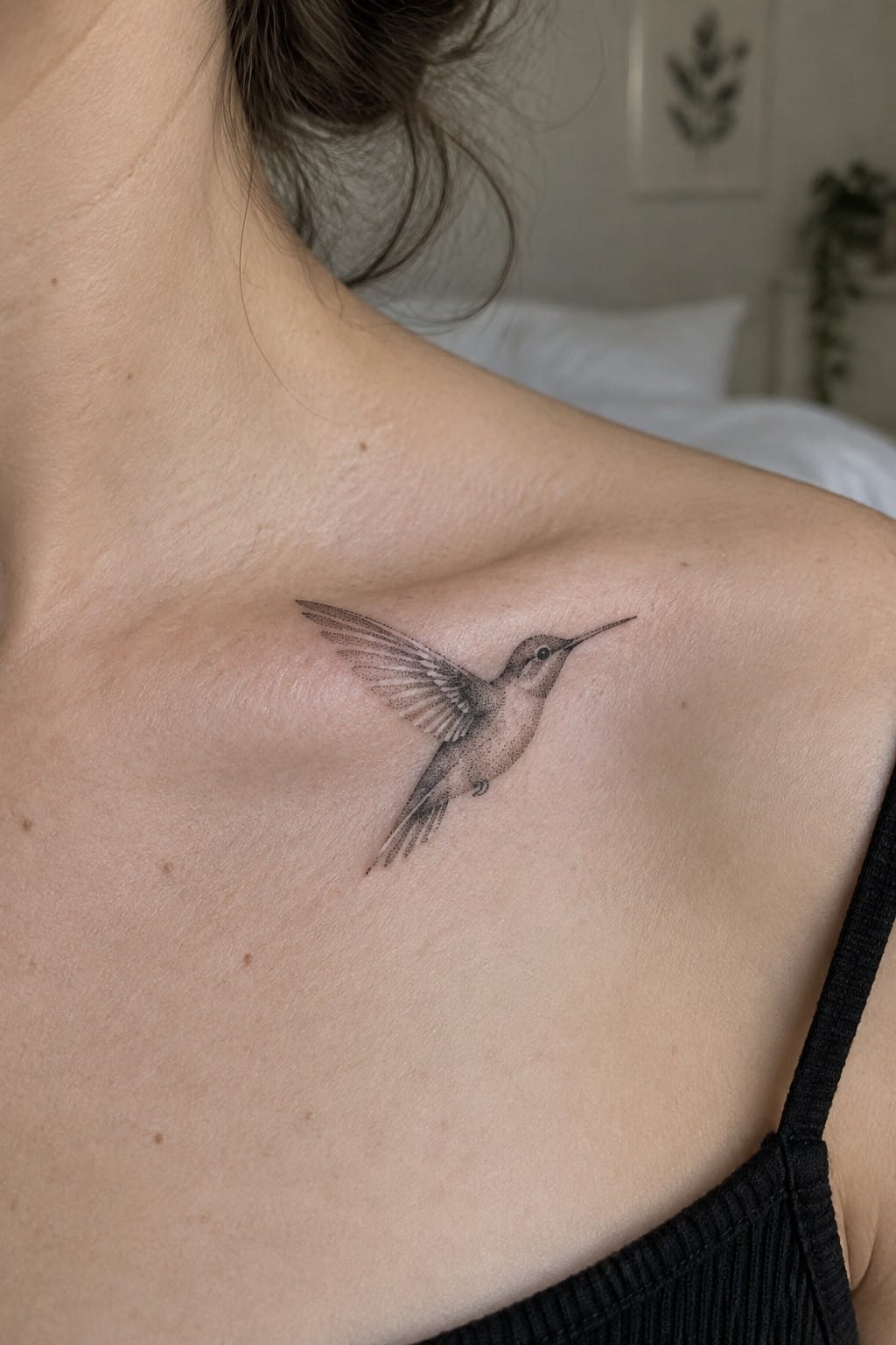Hummingbird tattoo on light-skinned shoulder beside black tank top strap