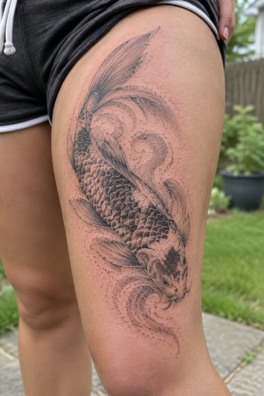 Detailed black and gray koi fish tattoo on thigh in black shorts.