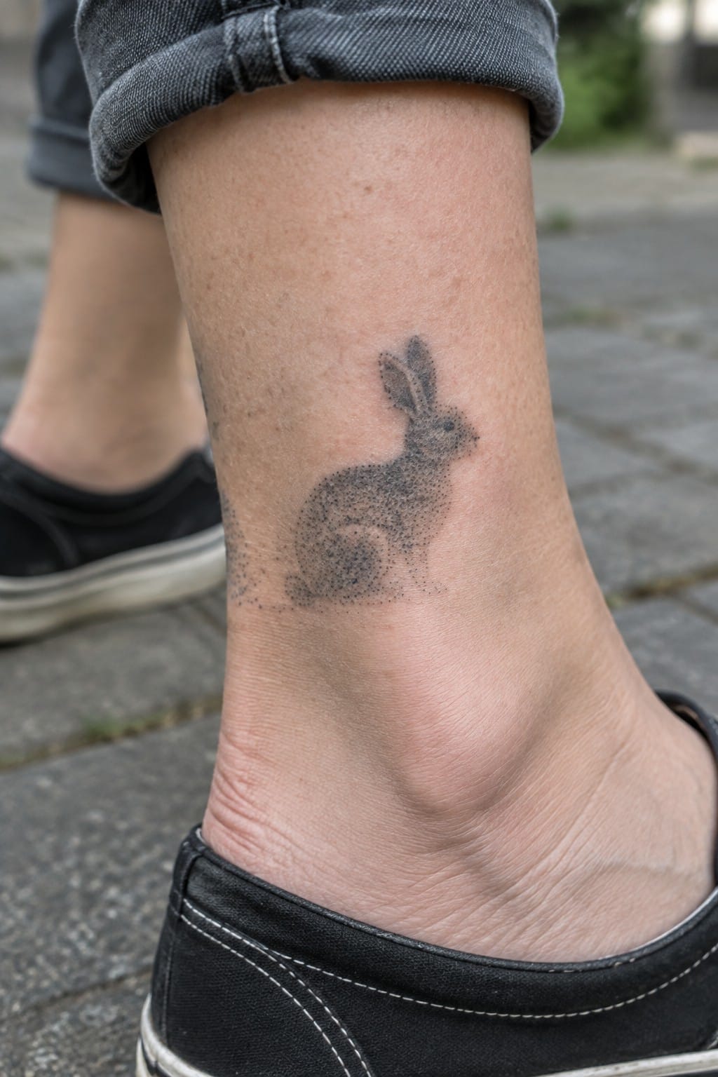 Dotwork rabbit tattoo on the ankle in black ink above a black shoe.
