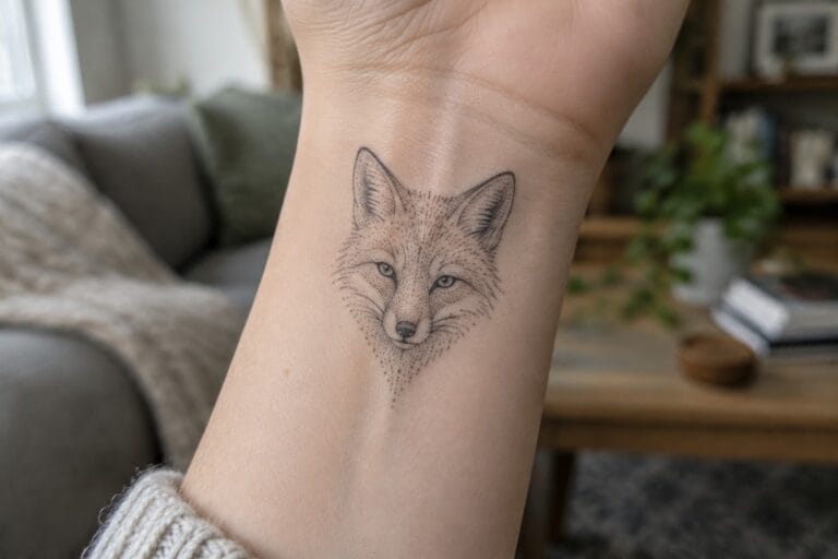 24 Artistic Dotwork Animal Tattoos for Women Built from Stippled Wildlife Shading Intricate black dotwork fox tattoo on inner wrist of clenched fist