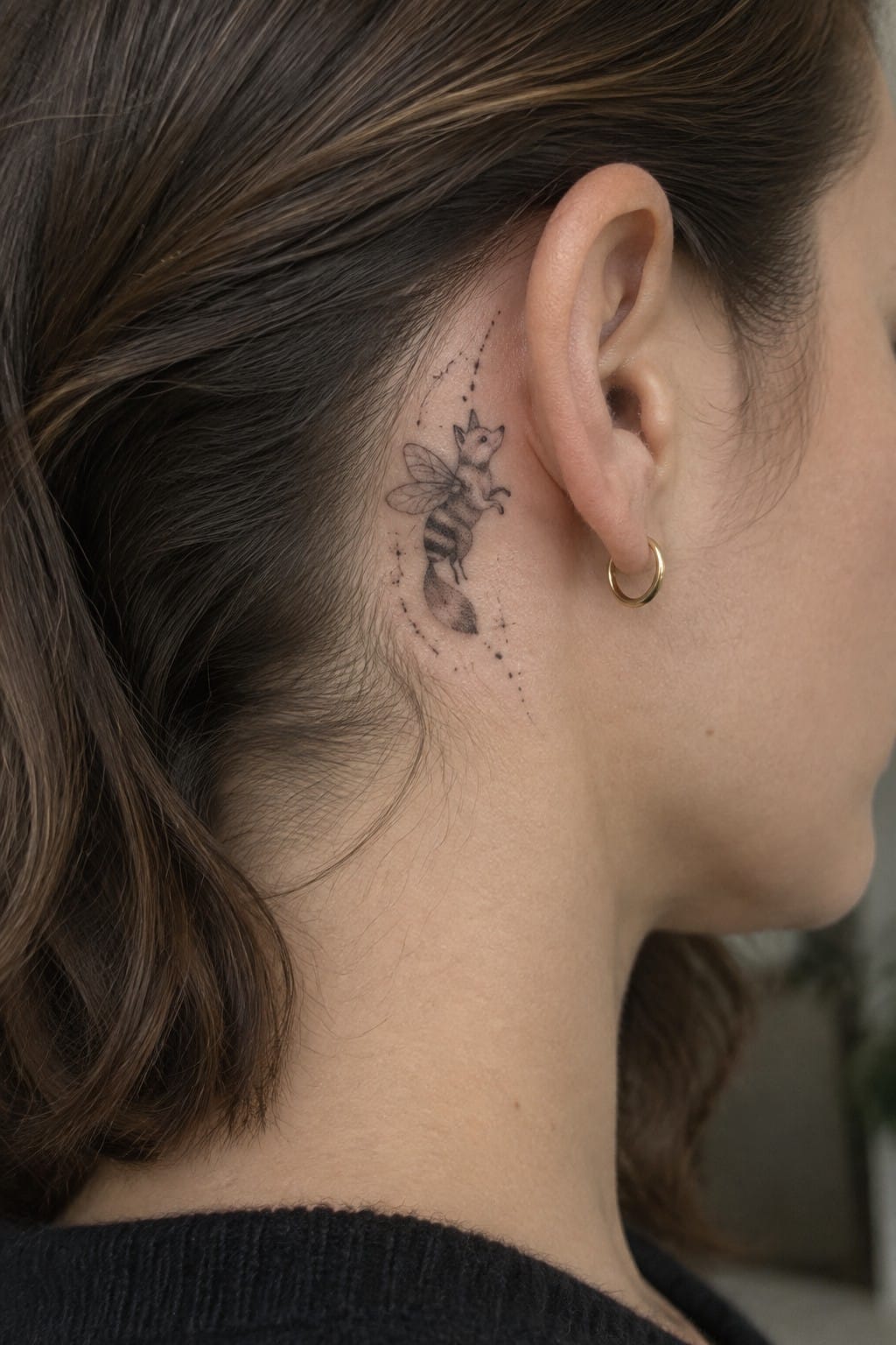 Small dotwork tattoo of a fox with bee wings placed behind the ear on a woman's neck.