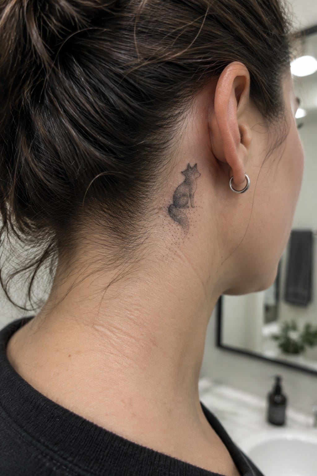 Person's neck with dotted fox tattoo behind ear, hoop earring, dark bun, black top