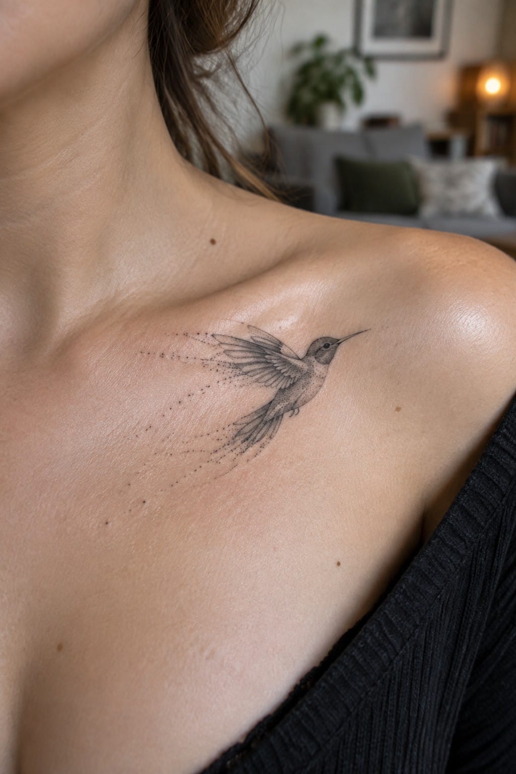Hummingbird tattoo on bare shoulder with dotted trail above black top