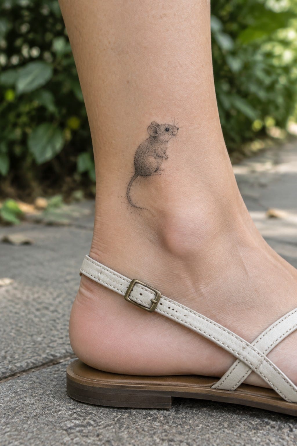 Small dotwork mouse tattoo on the ankle with stippled shading and a curved tail