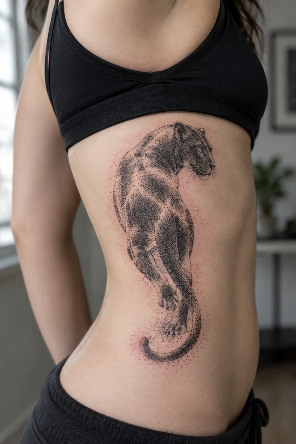 Woman in black sports bra with large dotwork panther tattoo on side.
