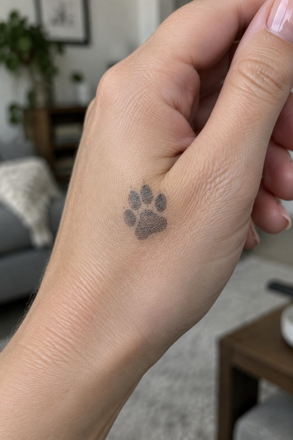 Small dotwork paw print tattoo on the side of a hand near the thumb base