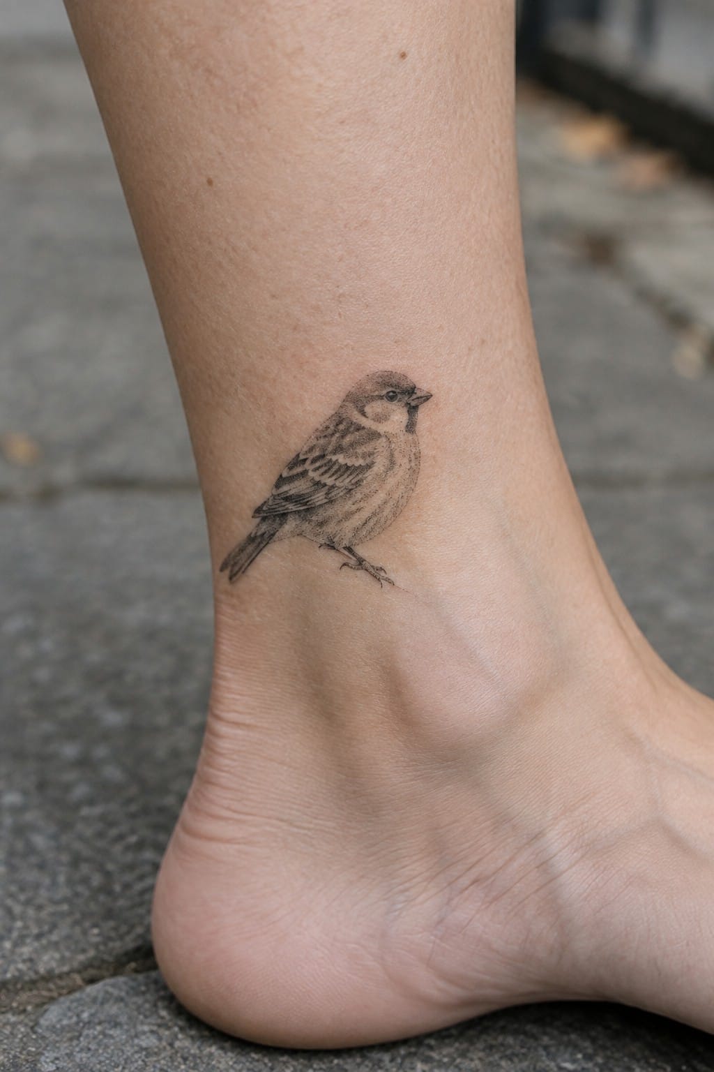 Detailed sparrow tattoo in black ink on bare ankle above foot