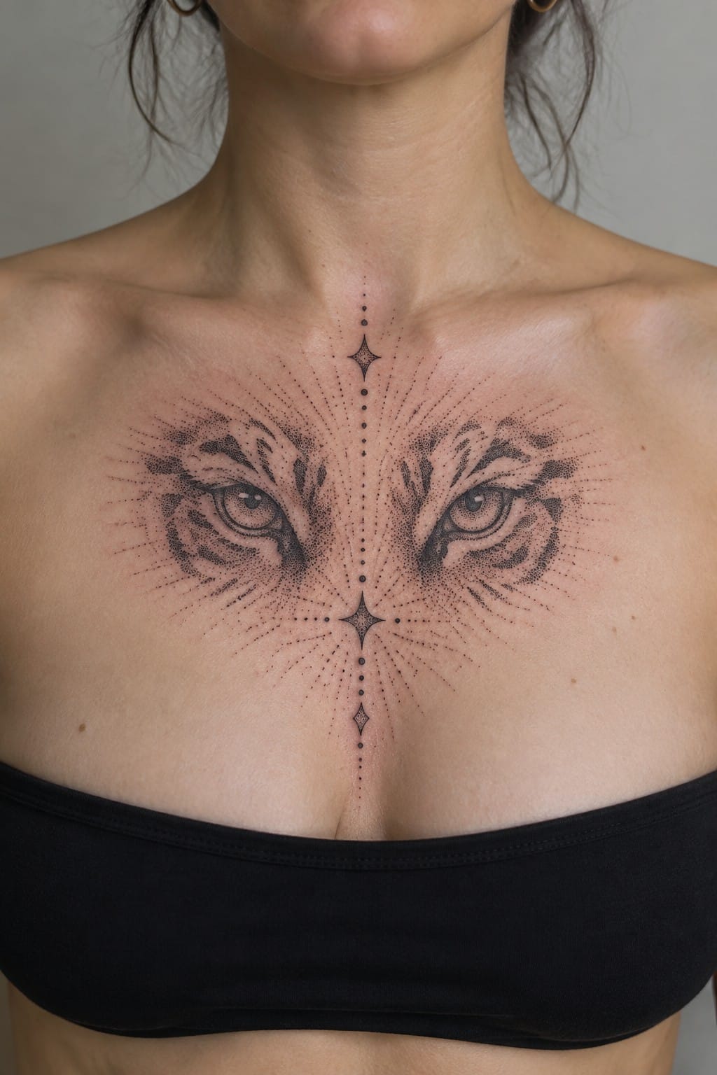 Symmetrical black dotwork tiger eyes tattoo on chest above black top.