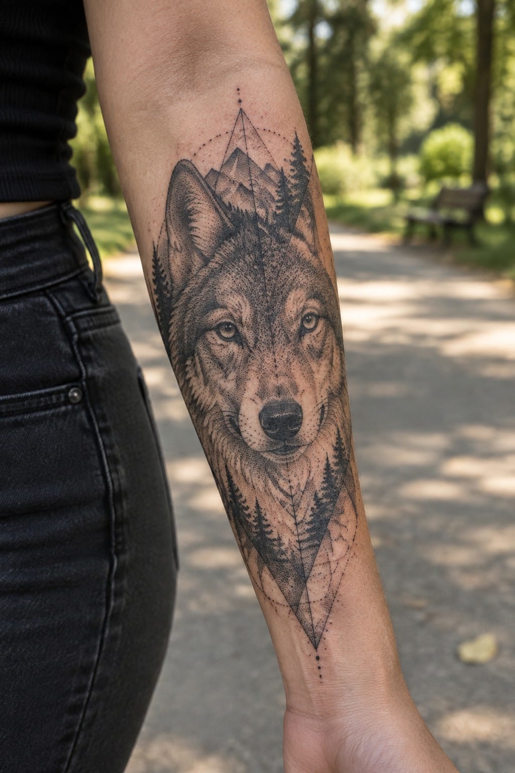 Person's forearm with black geometric wolf mountain forest tattoo in park setting.