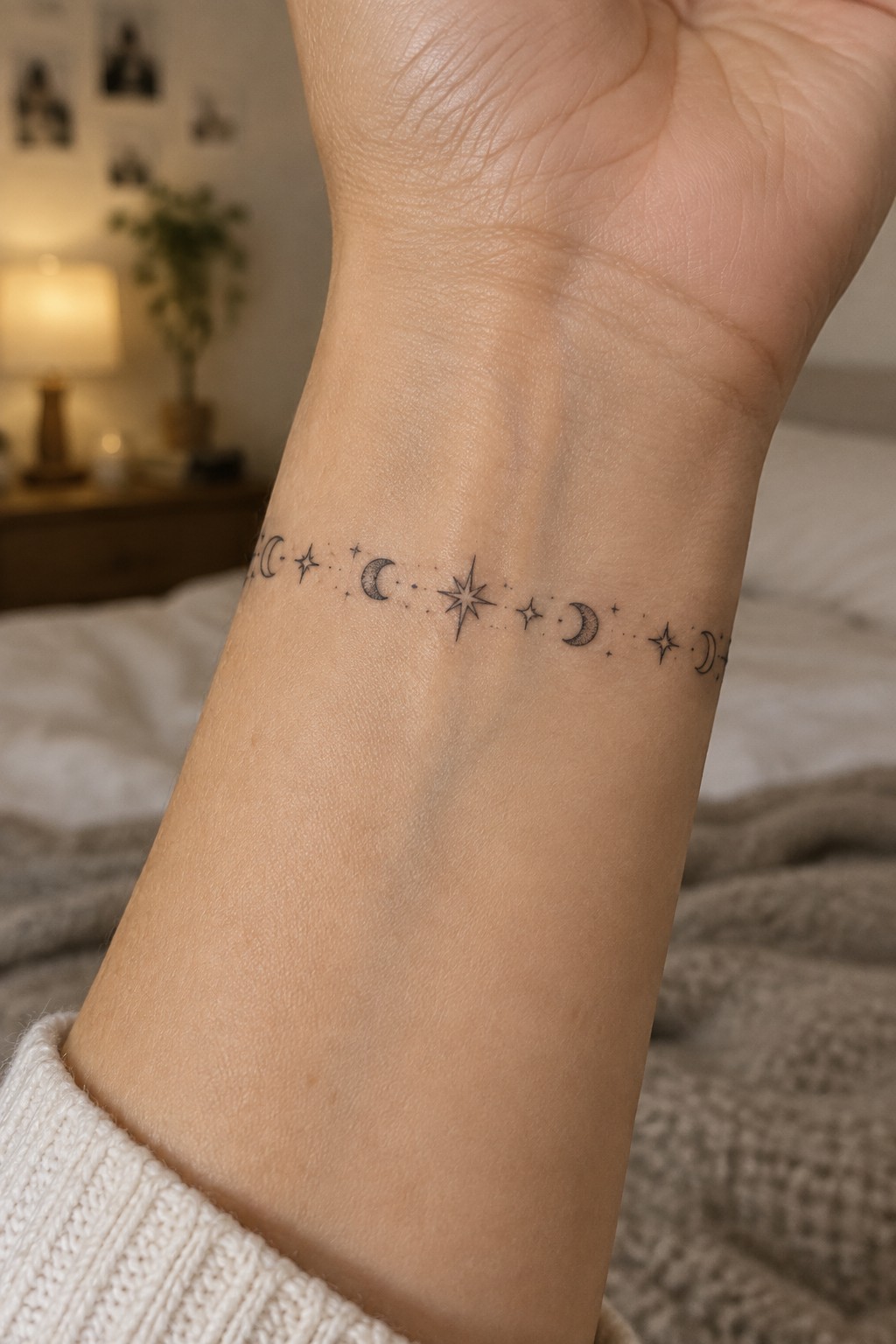 Fine line tattoo on the inner wrist showing a horizontal row of crescent moons, stars, and dots in black ink.