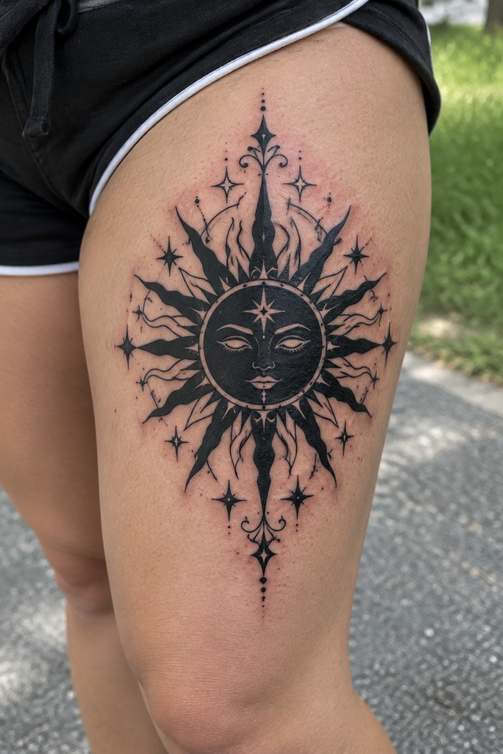 Intricate black sun tattoo with face and stars on thigh, black shorts visible
