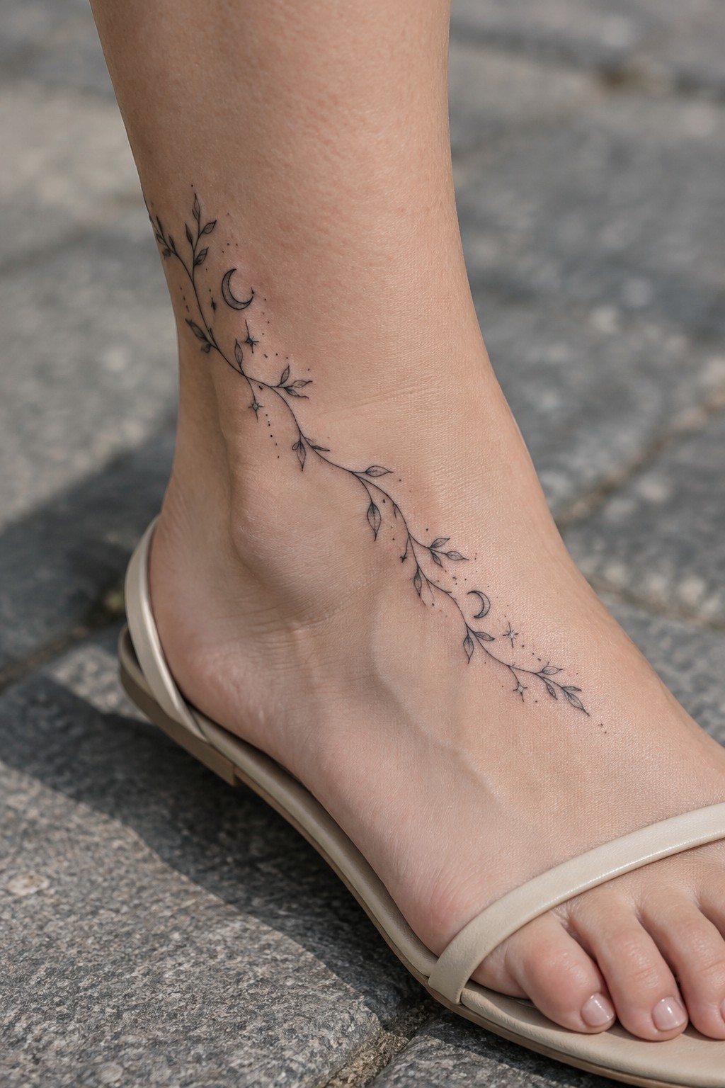 Fine line vine tattoo with leaves, moons, and stars wrapping around a woman's ankle above a beige sandal