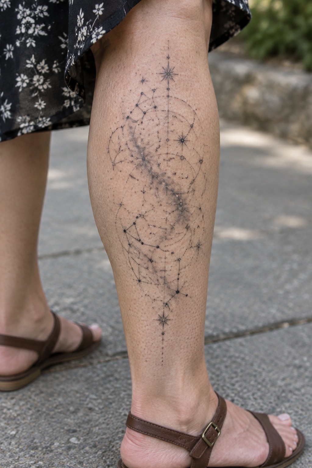 Leg with intricate constellation tattoo beneath black floral skirt and brown sandals