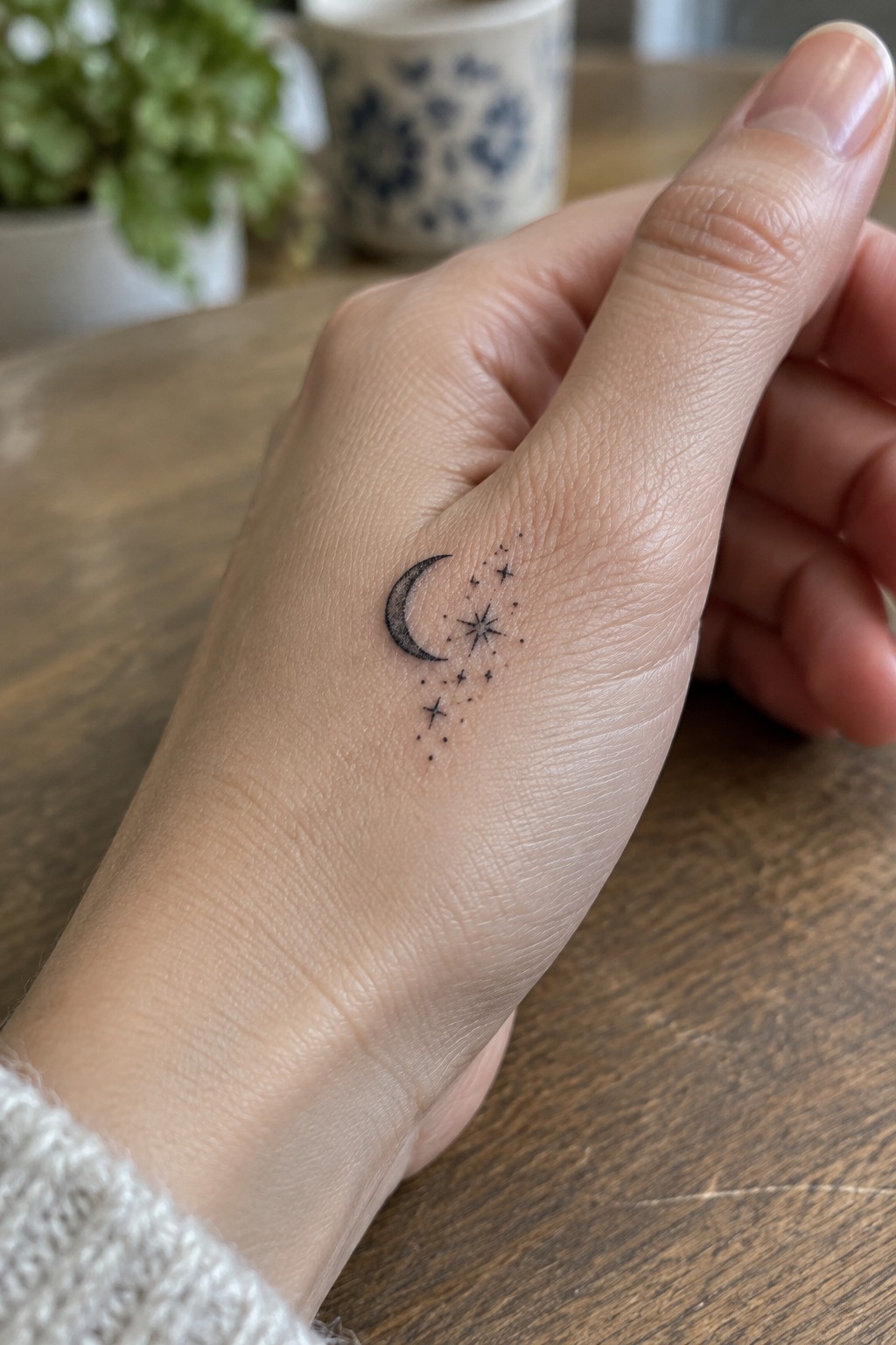 Hand with crescent moon and stars tattoo on wooden table near patterned mug.
