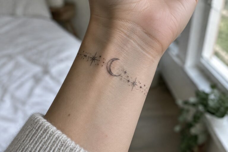 21 Artistic Illustrative Spiritual Tattoos for Women Featuring Celestial Symbolism Wrist with crescent moon and stars tattoo above white knit sweater cuff
