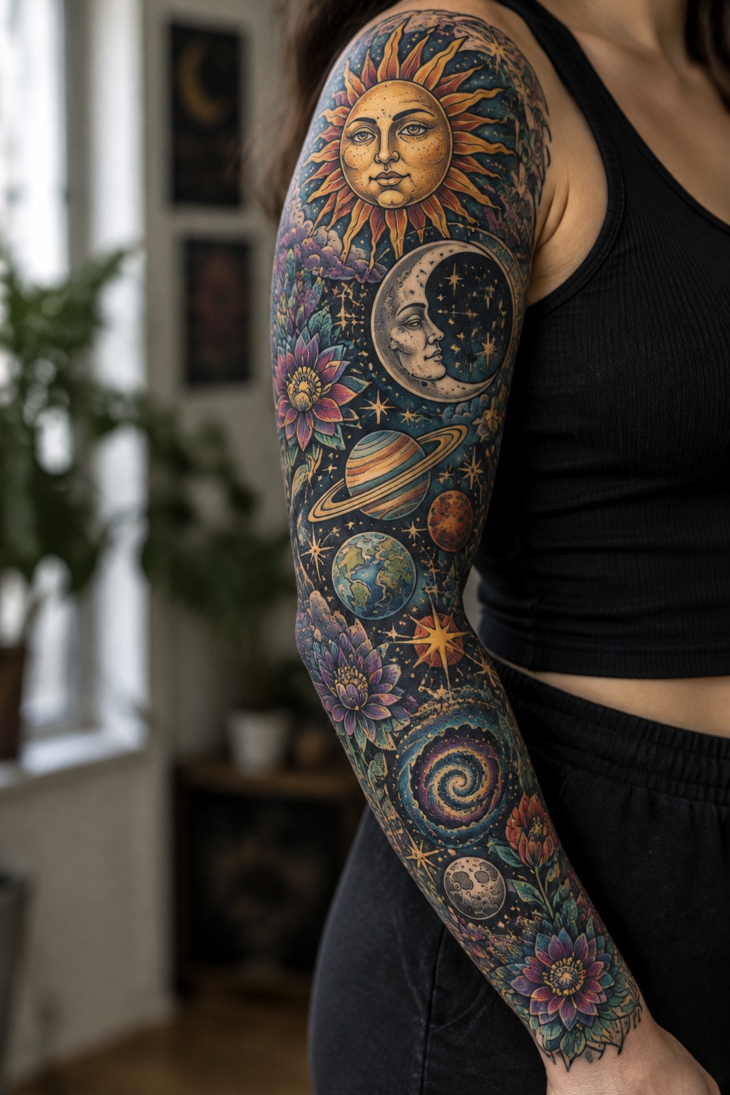 Woman in black tank top with vibrant cosmic tattoo sleeve of sun, moon, and planets