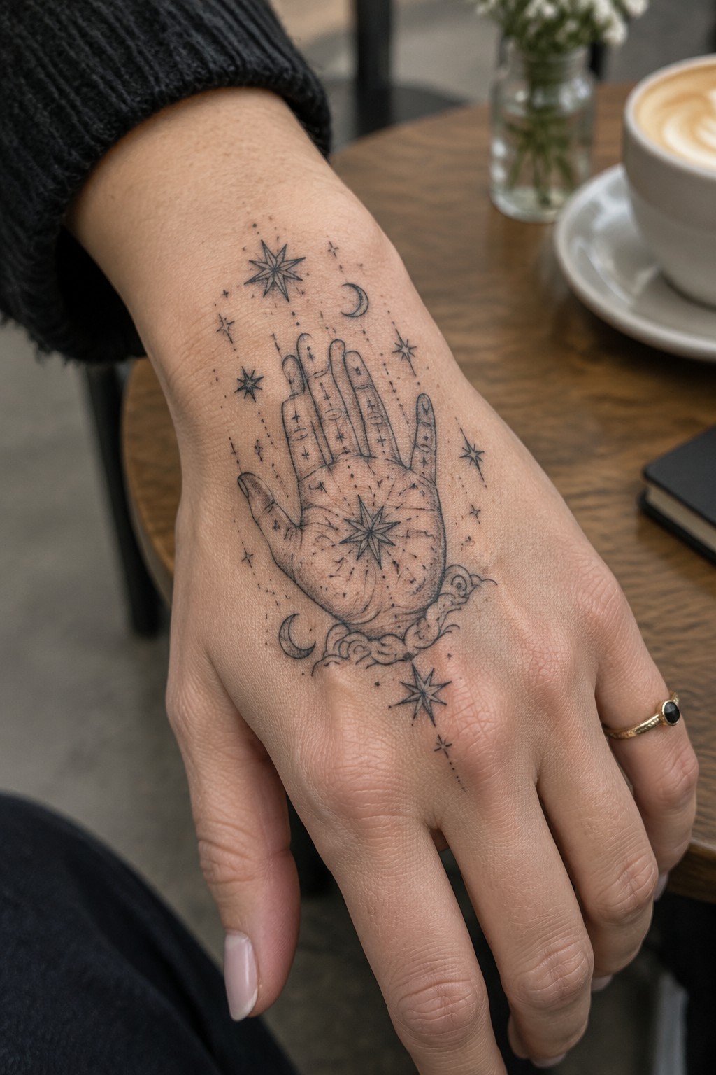 Tattooed hand with palmistry design, stars and moons near coffee on wooden table
