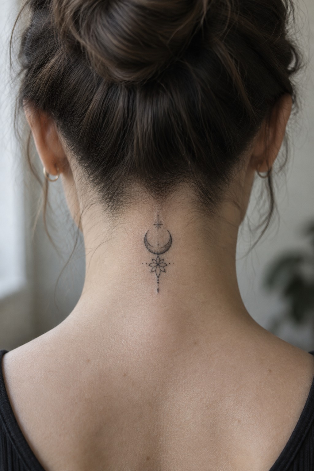 Neck tattoo of crescent moon above lotus flower, dark hair in bun, black top.