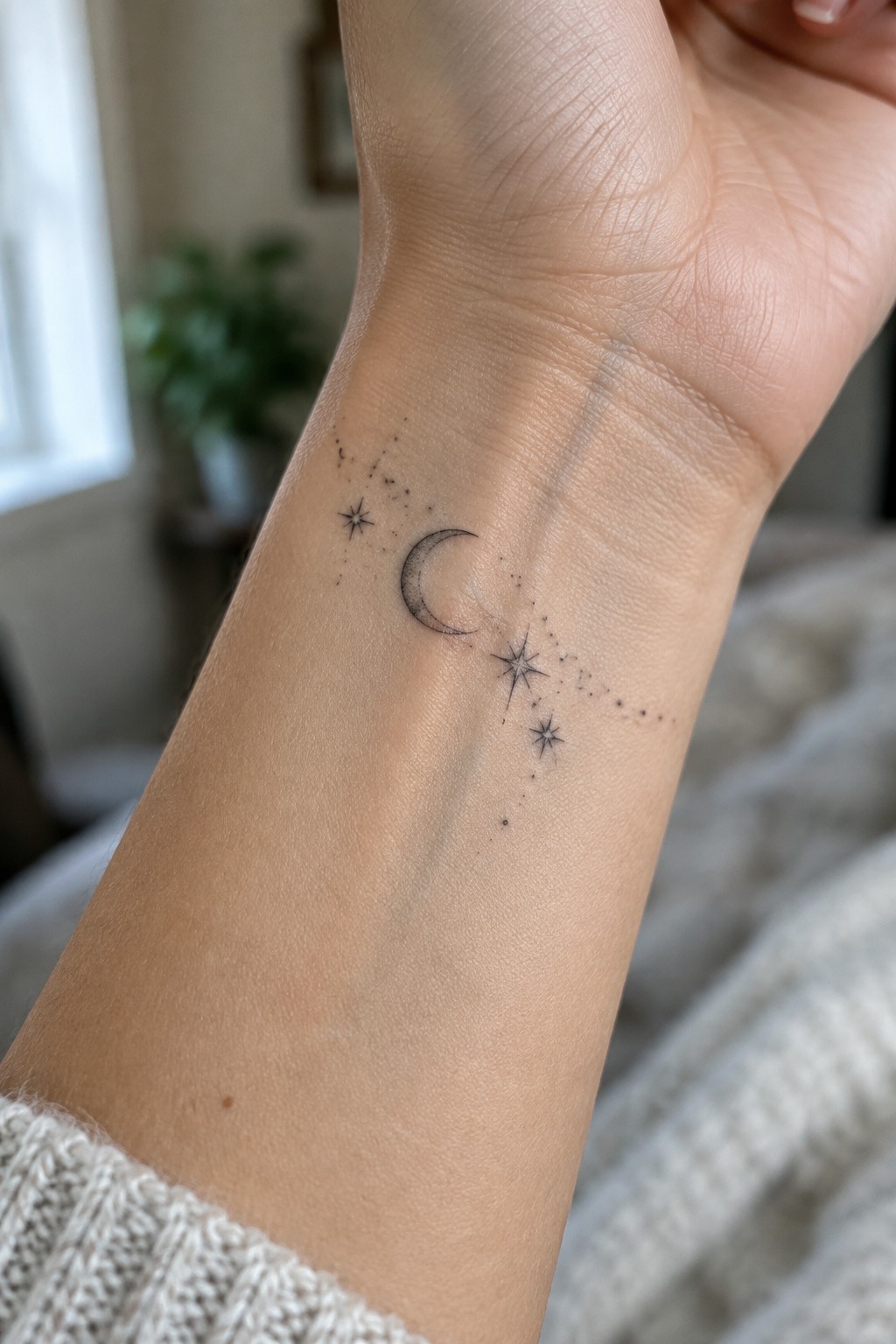 Wrist with crescent moon and stars tattoo above white knit sweater cuff