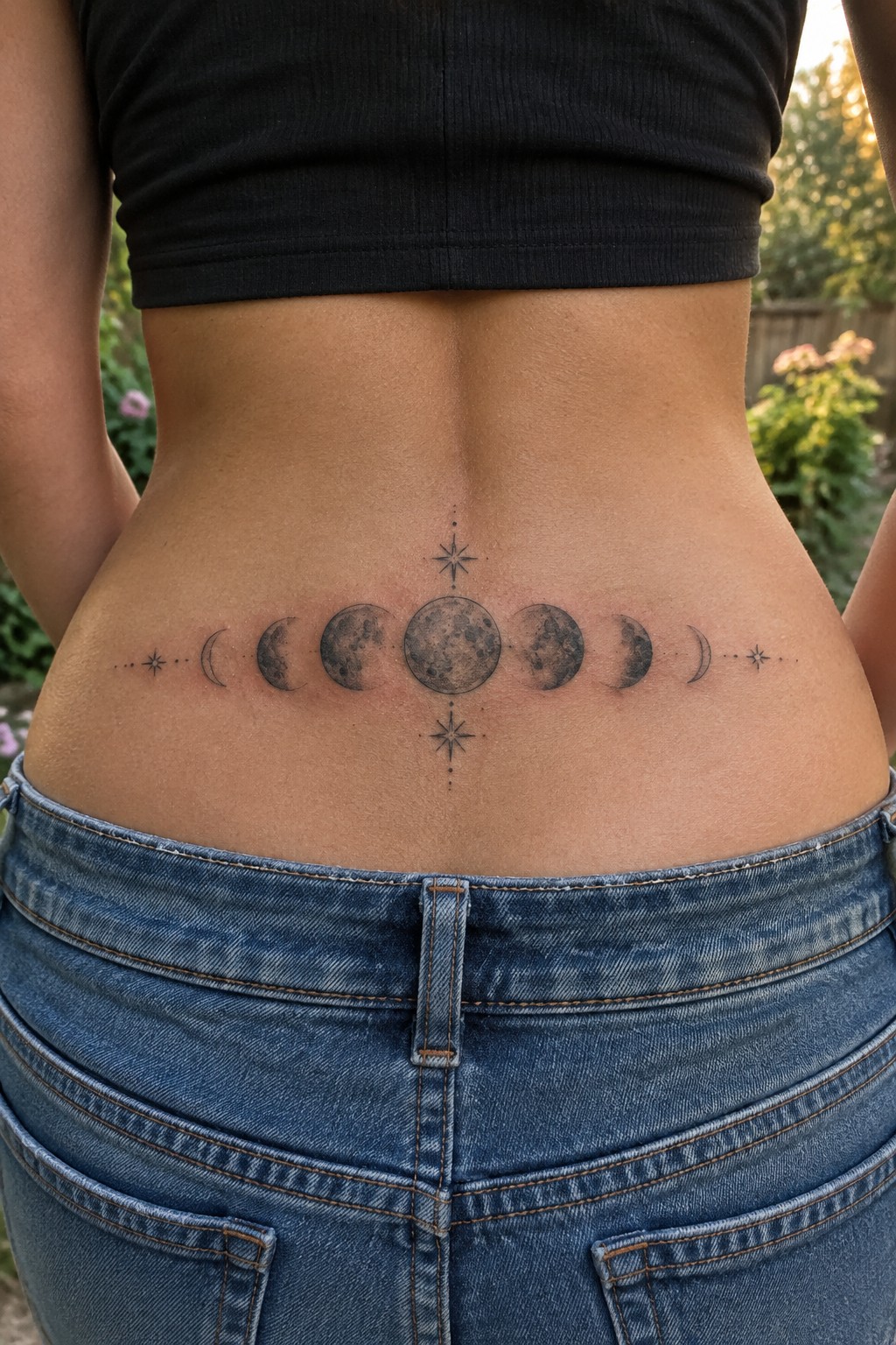 Horizontal moon phase tattoo on a woman's lower back showing the lunar cycle with a central full moon, shaded phases on both sides, and small stars at the ends.