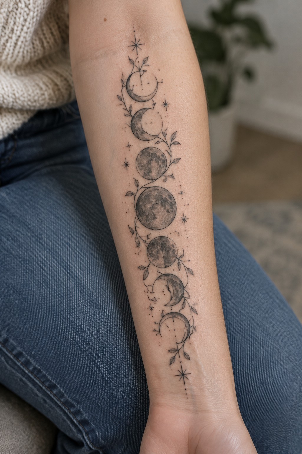 Vertical moon phases tattoo on inner forearm with vine leaves and stars in black and grey illustrative style