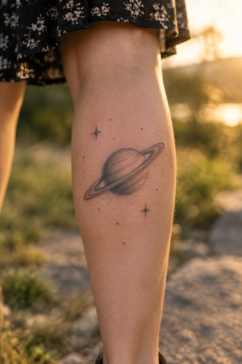 Saturn tattoo with stars on leg under black floral dress at sunset