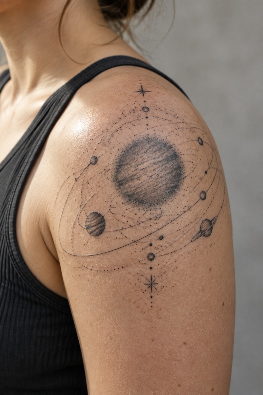 Black ink solar system tattoo on a woman's upper arm showing a large shaded planet with orbital lines, smaller planets, and star details.