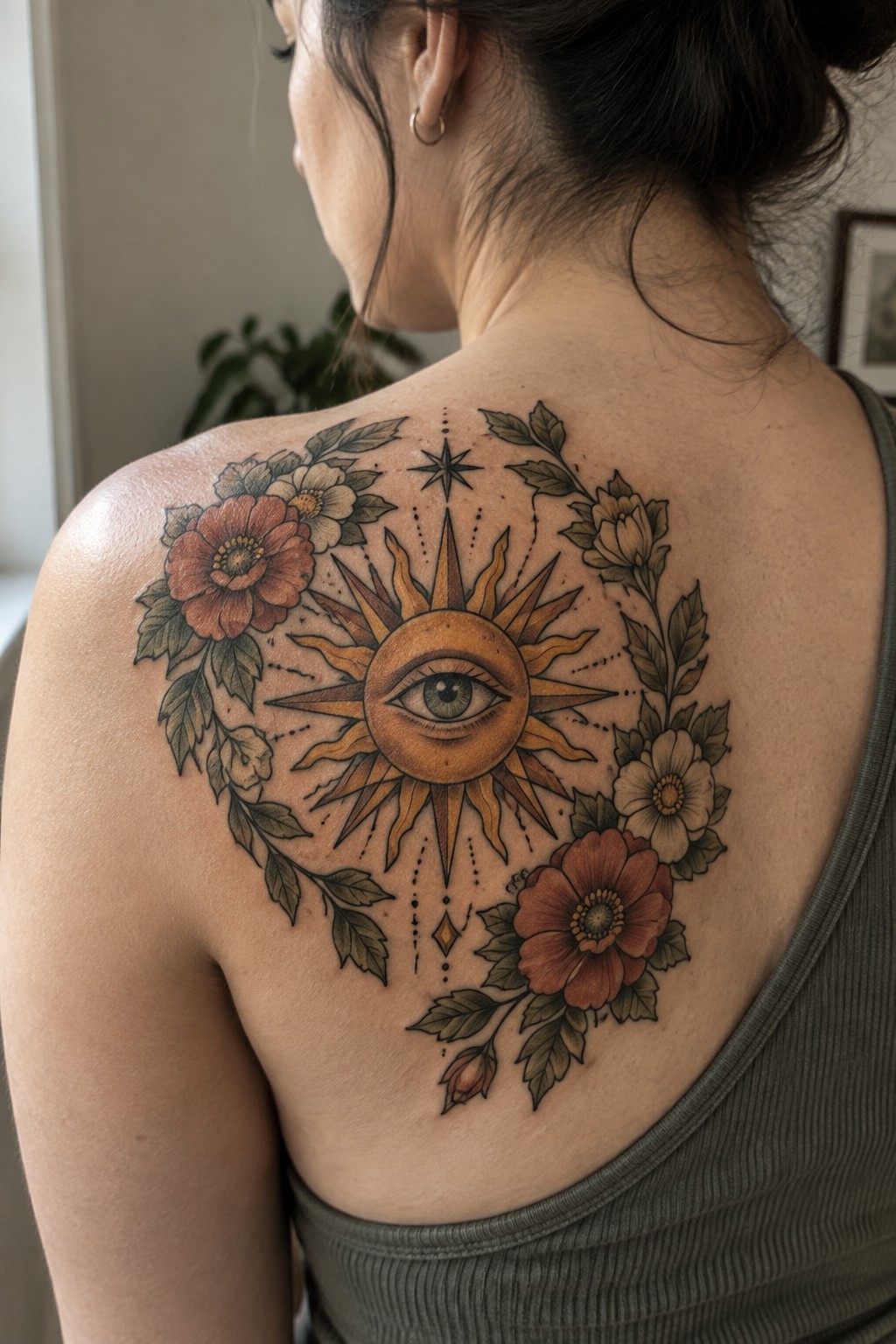 Woman's back with large sun-and-eye tattoo ringed by red flowers and leaves.