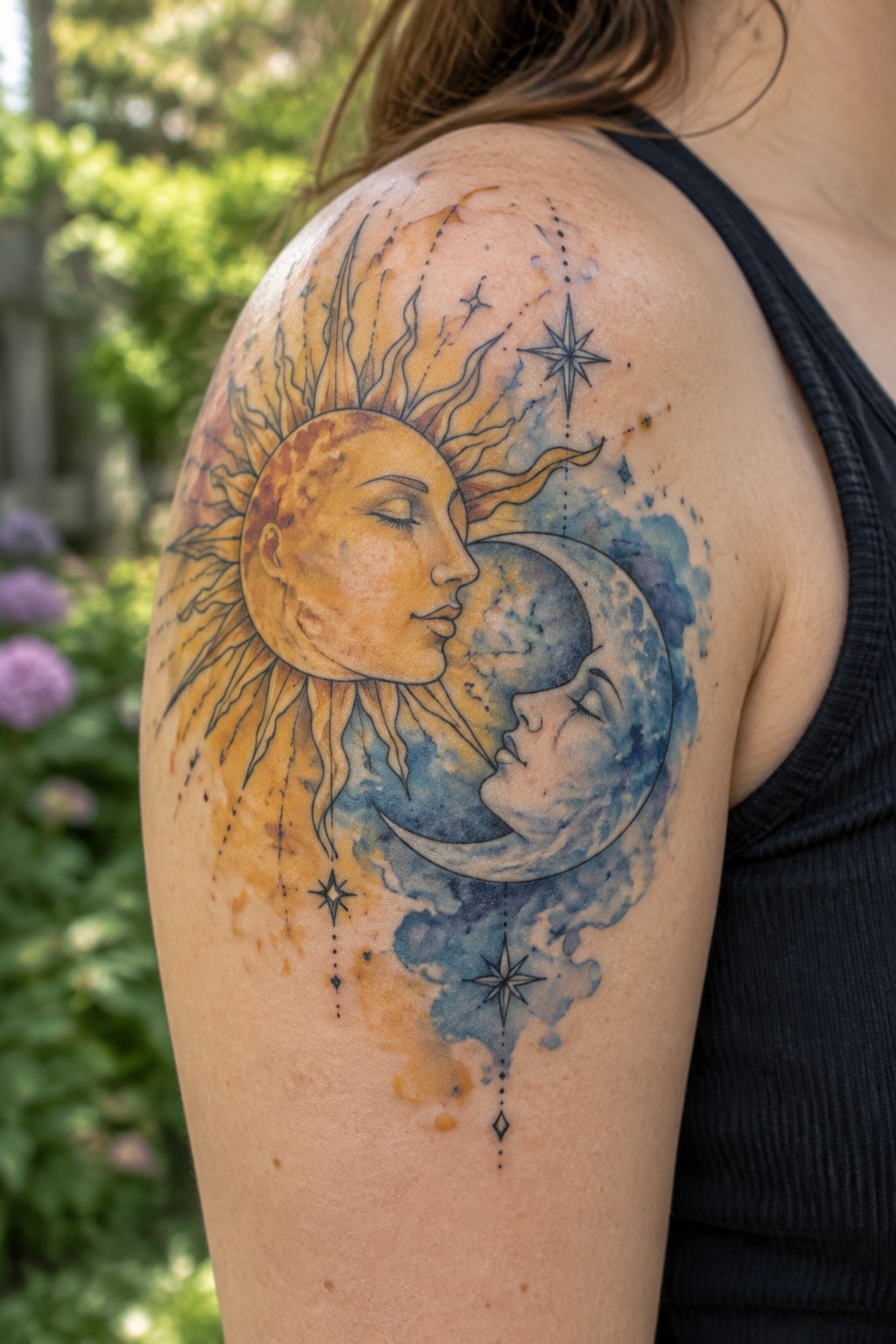 Watercolor sun-moon faces tattoo on shoulder of person in black tank top.
