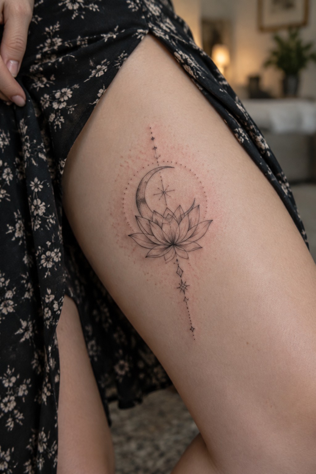 Lotus flower and crescent moon tattoo on thigh under black floral skirt