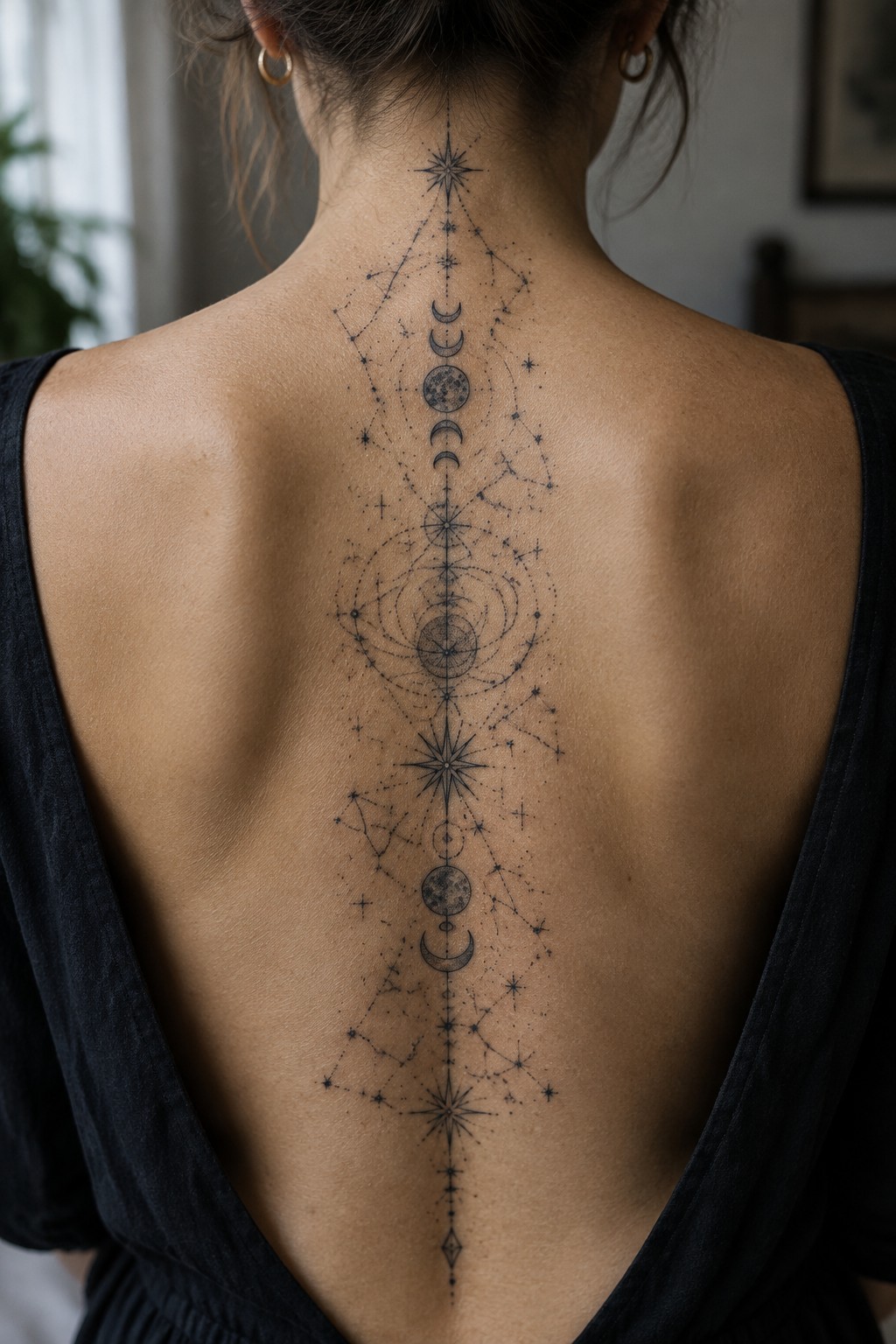 Woman's back with intricate celestial tattoo of moon phases, stars, and planets.
