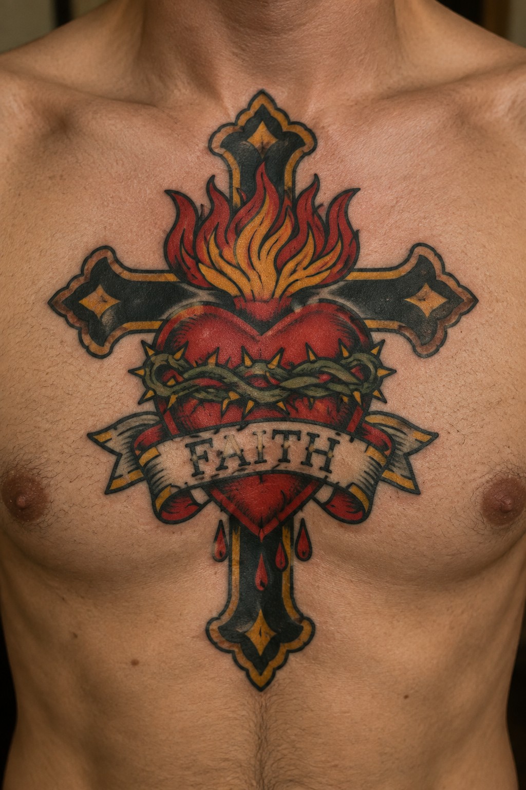 Colorful traditional chest tattoo of flaming sacred heart with thorns, cross, and faith banner