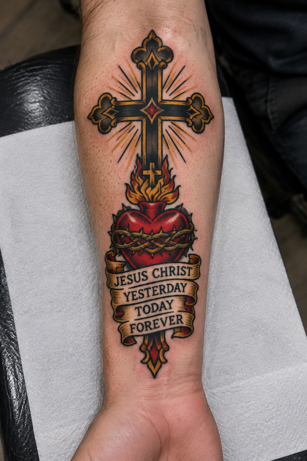 Ornate cross above flaming sacred heart tattoo with Jesus Christ banner on arm