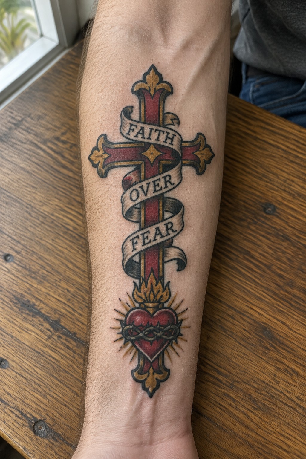 Arm tattoo of ornate red-gold cross with 