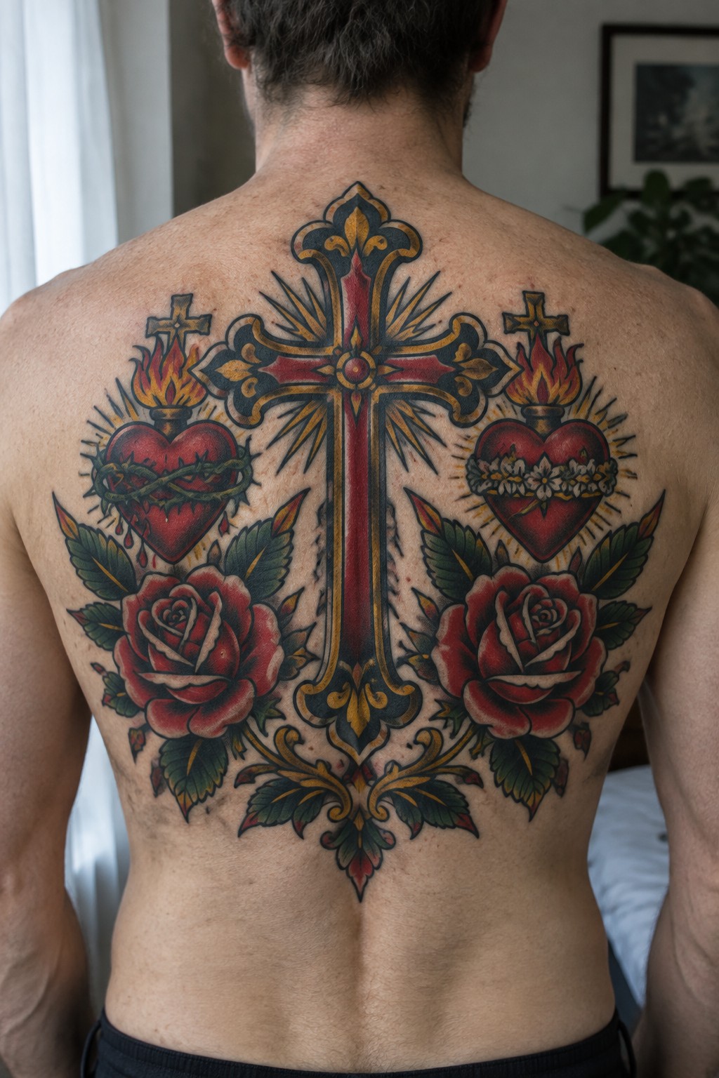 Man's back with ornate red cross tattoo, flaming hearts, and red roses in traditional style.