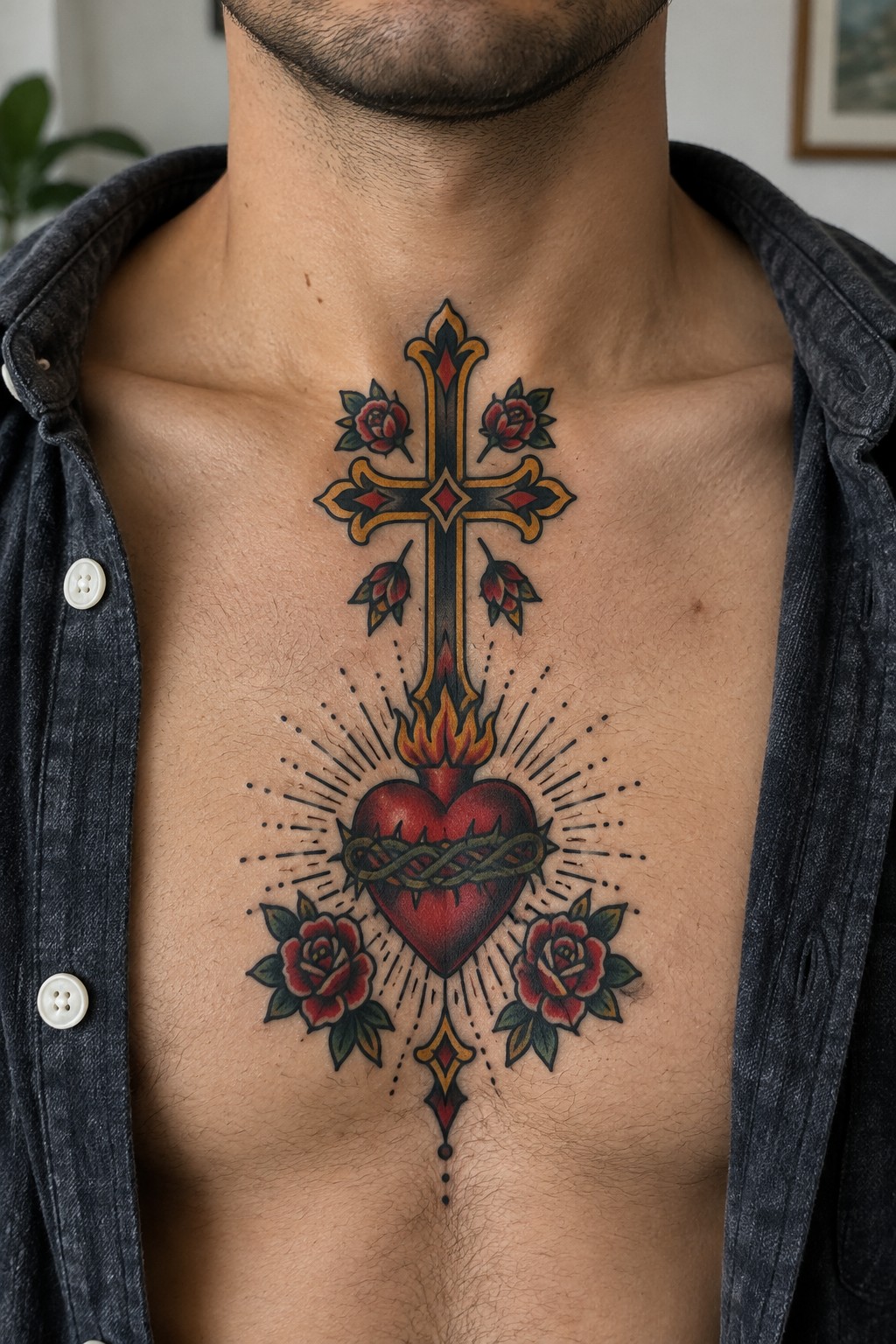 Chest tattoo of ornate cross above flaming sacred heart with roses, open denim shirt