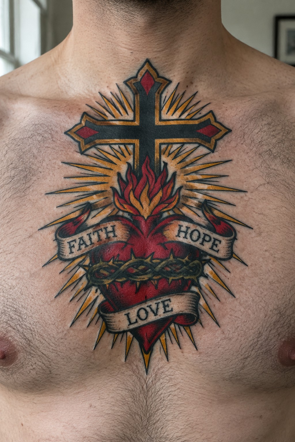 Man's chest with traditional tattoo of flaming sacred heart, cross, and faith hope love banners.